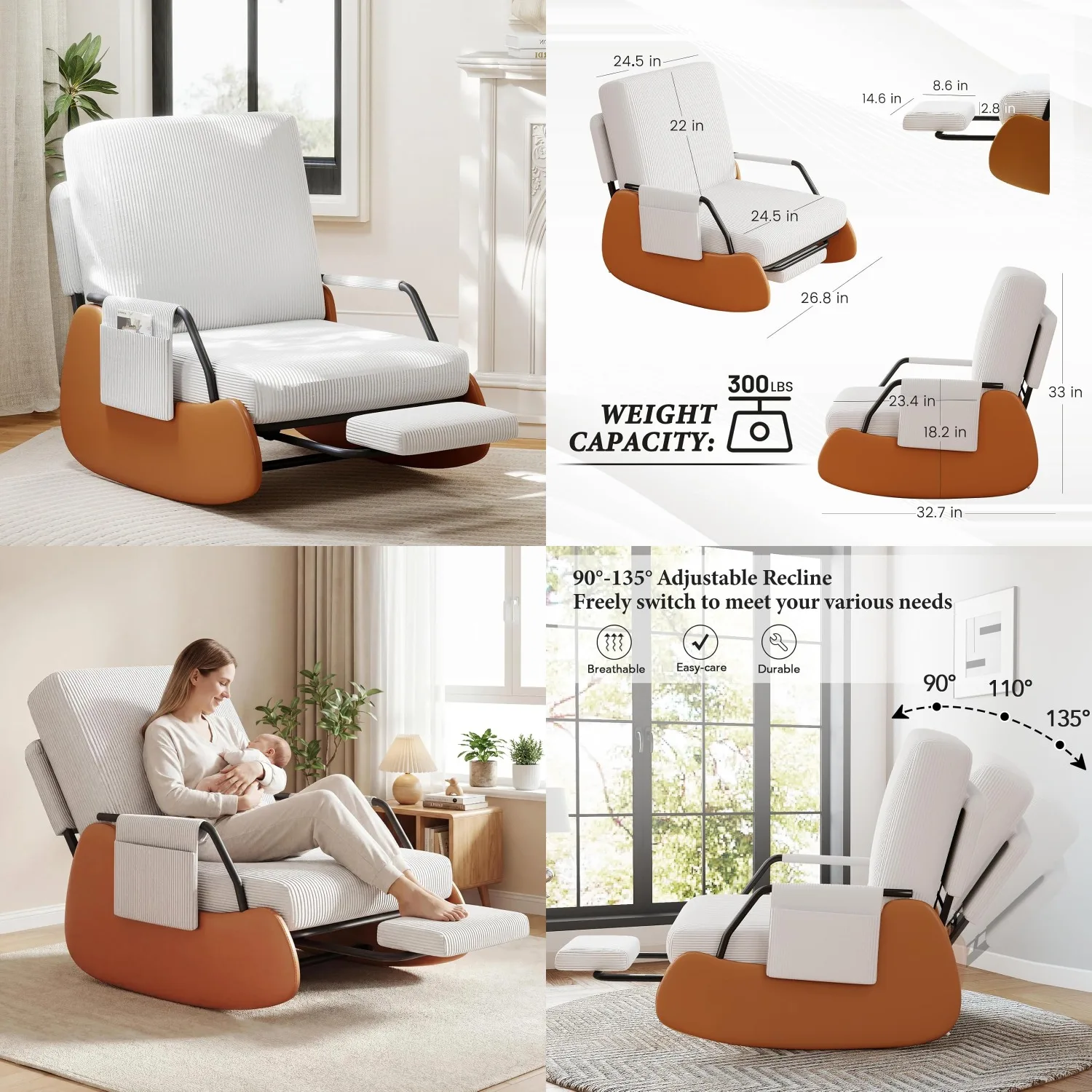 Upholstered Glider Recliner Rocking Chair Adjustable Retractable Footrest Nursery Living Room Bedroom White Customized
Upholstered Glider Recliner Rocking Chair Adjustable Retractable Footrest Nursery Living Room Bedroom White Customized