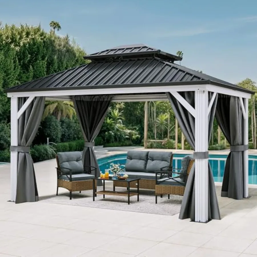 Outdoor gazebo for patio backyard deck and lawns with galvanized iron aluminum frame double roof hardtop grey netting and shade
Outdoor gazebo for patio backyard deck and lawns with galvanized iron aluminum frame double roof hardtop grey netting and shade