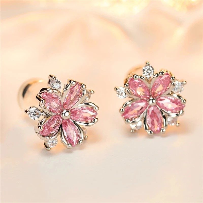 Luxury Female Pink Zircon Stone Earrings Cute Silver Color Wedding Earrings Jewelry Trendy Flower Small Stud Earrings for Women
Luxury Female Pink Zircon Stone Earrings Cute Silver Color Wedding Earrings Jewelry Trendy Flower Small Stud Earrings for Women