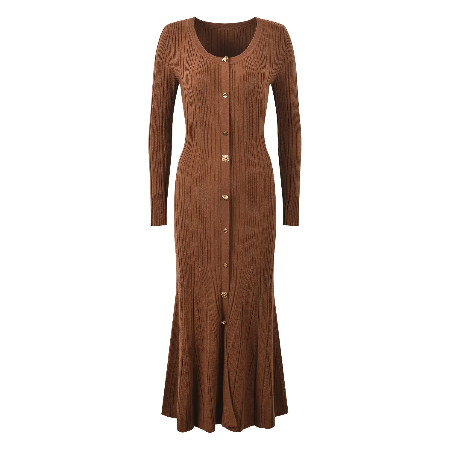 Elegant Style Lady Solid O-neck Long Sleeve Women Knit Single-breasted Slim Fitted Flared Hem Maxi Mermaid Dress
Elegant Style Lady Solid O-neck Long Sleeve Women Knit Single-breasted Slim Fitted Flared Hem Maxi Mermaid Dress