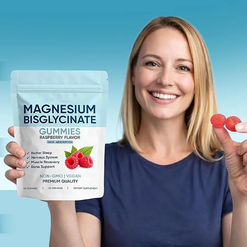 60ct Raspberry Magnesium Bisglycinate Gummies, High Bioavailability Magnesium for Muscle Recovery Bone Support