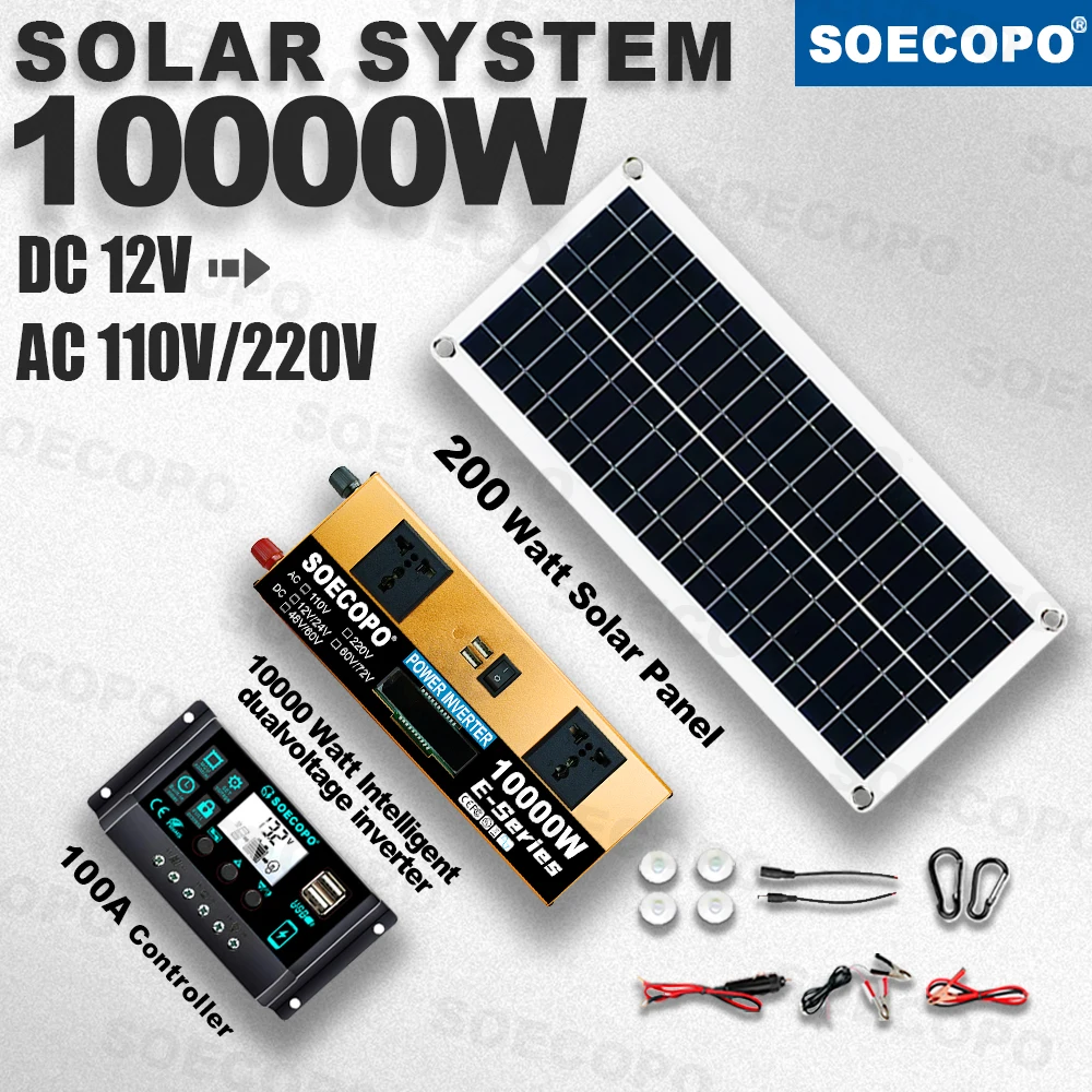 SOECOPO 10000W Dual-Voltage Solar Power Kit 12V to 110V/220V Inverter 200W Panel 100A Controller for Off-Grid Home, RV & Camping
SOECOPO 10000W Dual-Voltage Solar Power Kit 12V to 110V/220V Inverter 200W Panel 100A Controller for Off-Grid Home, RV & Camping