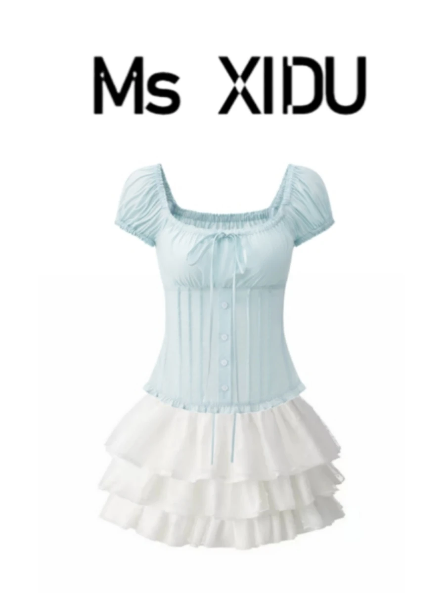 Ms XIDU Hollow out Square Collar One Shoulder Bubble Sleeve Knot Women's White Shirt Skirt Set Summer Fashion Outfit
Ms XIDU Hollow out Square Collar One Shoulder Bubble Sleeve Knot Women's White Shirt Skirt Set Summer Fashion Outfit