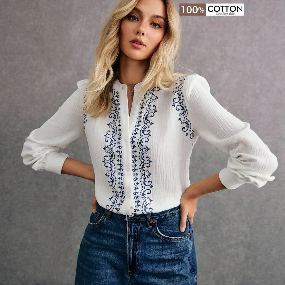 Women's Blouse Long Sleeve V Neck Blue Floral Embroidery Button Up Vertical Embroidery Panels Cotton Double Gauze Elegant Top
Women's Blouse Long Sleeve V Neck Blue Floral Embroidery Button Up Vertical Embroidery Panels Cotton Double Gauze Elegant Top