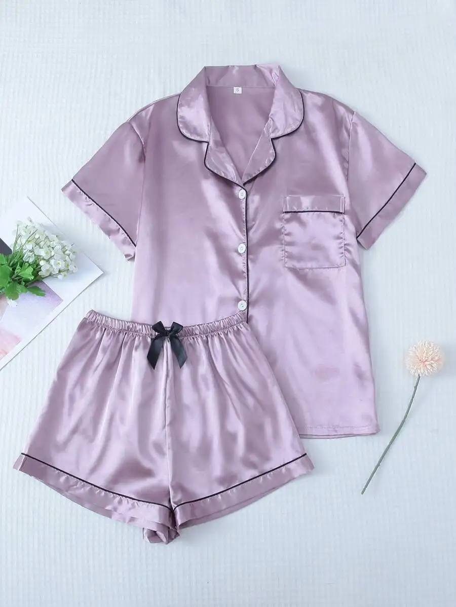 Satin Pajama Set For Women Short Sleeve Turn-Down Collar Top And Bowknot Shorts
Satin Pajama Set For Women Short Sleeve Turn-Down Collar Top And Bowknot Shorts