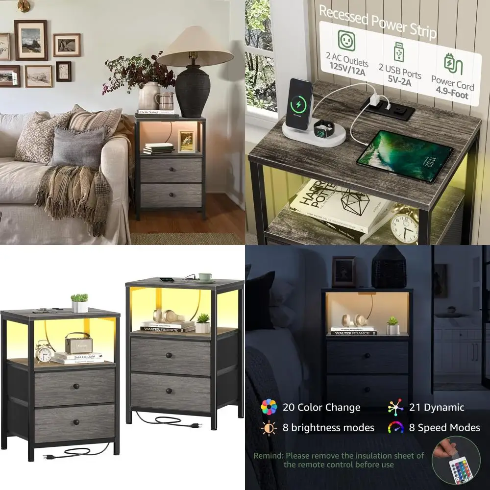 Комплект из 2 серых прикроватных тумбочек с зарядной станцией, LED-подсветкой и тканевыми ящиками для спальни
Комплект из 2 серых прикроватных тумбочек с зарядной станцией, LED-подсветкой и тканевыми ящиками для спальни