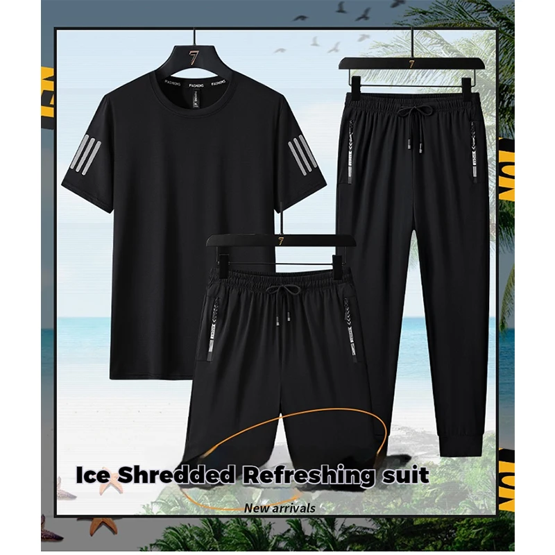 BoJsd Summer Men Large Size Ice Silk Sports Leisure Suit Round Neck T-shirt Quick-Drying Short-Sleeved Trousers Three-Piece Set
BoJsd Summer Men Large Size Ice Silk Sports Leisure Suit Round Neck T-shirt Quick-Drying Short-Sleeved Trousers Three-Piece Set