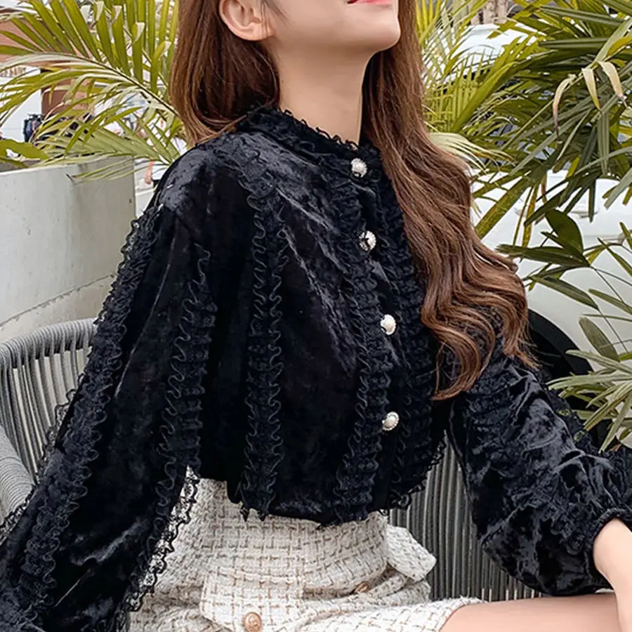 Elegant Stand Collar Button Spliced Lace Ruffles Blouses Women's Clothing Winter Loose Korean Tops TT583
Elegant Stand Collar Button Spliced Lace Ruffles Blouses Women's Clothing Winter Loose Korean Tops TT583