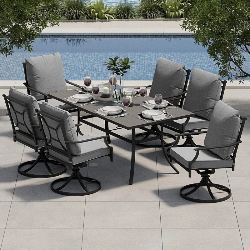-Piece 6-Seater Patio Dining Set, E-Coated Weatherproof Frame, Swivel Patio Chairs with Premium Olefin Cushions, Rectangular
-Piece 6-Seater Patio Dining Set, E-Coated Weatherproof Frame, Swivel Patio Chairs with Premium Olefin Cushions, Rectangular