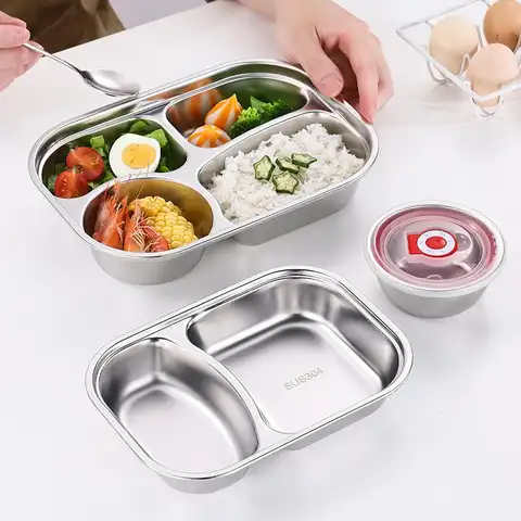 2/3/4 Grids Food Plate Dishes Reusable 304 Stainless Steel Square Divided Dinner Plates Fruit Salad Plate Tableware Container