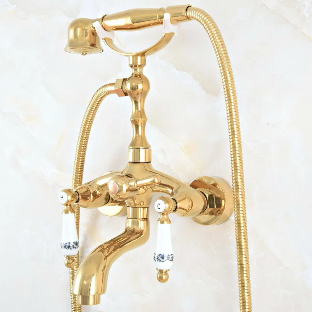 Modern Luxury Golden Brass Wall Mount Bathroom Bathtub Faucet Set with 1500MM Hose Handheld Shower Spray Head Mixer Tap Dna815
Modern Luxury Golden Brass Wall Mount Bathroom Bathtub Faucet Set with 1500MM Hose Handheld Shower Spray Head Mixer Tap Dna815