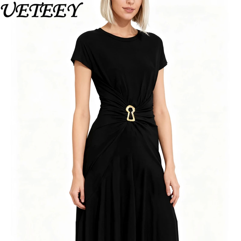 Hepburn Style Tailored Pleated Long Dress Designer Edition Pin Decoration Slim Fit Black Short Sleeve Dress Women Dresses
Hepburn Style Tailored Pleated Long Dress Designer Edition Pin Decoration Slim Fit Black Short Sleeve Dress Women Dresses