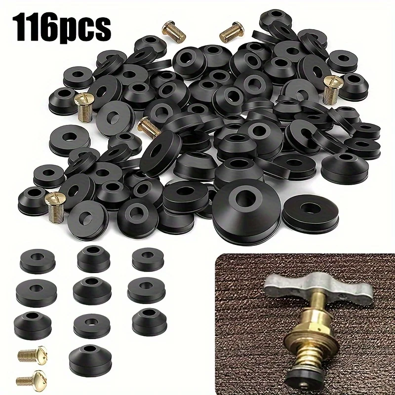 116Pcs flat and beveled faucet washer and brass faucet screw combination for various quick-opening faucet spool wear washer
116Pcs flat and beveled faucet washer and brass faucet screw combination for various quick-opening faucet spool wear washer