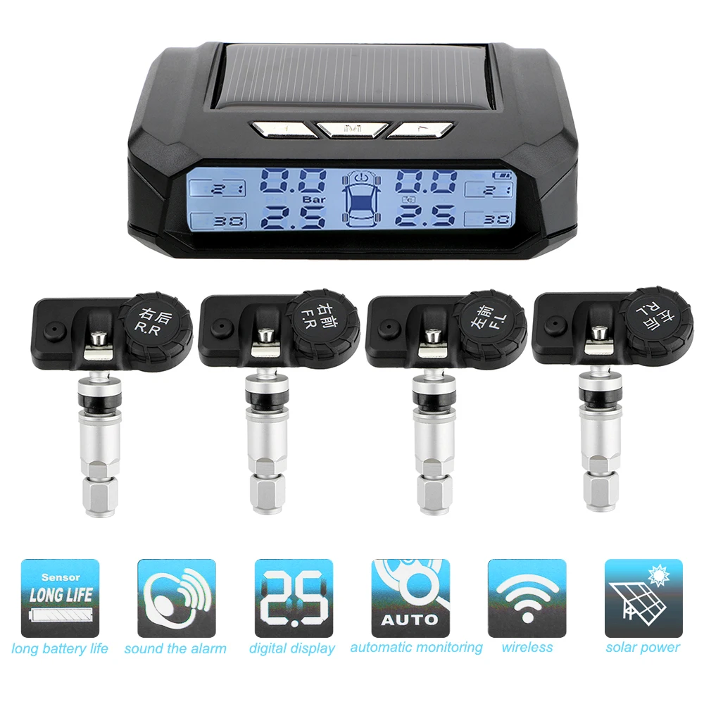 Solar TPMS With 4 External Sensors Temperature Warning Fuel Save Tire Pressure Monitoring System Car Tyre Pressure Monitor
Solar TPMS With 4 External Sensors Temperature Warning Fuel Save Tire Pressure Monitoring System Car Tyre Pressure Monitor
