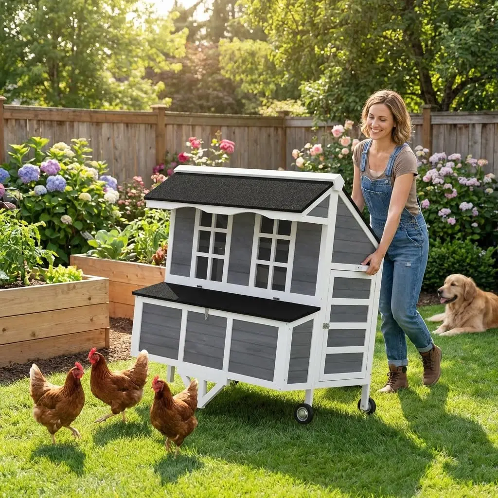 43" Mobile Chicken Coop with Wheels Nesting Box Pull-Out Tray Perches Ventilation for 2-4 Hens Backyard Farm Use Customized
43" Mobile Chicken Coop with Wheels Nesting Box Pull-Out Tray Perches Ventilation for 2-4 Hens Backyard Farm Use Customized