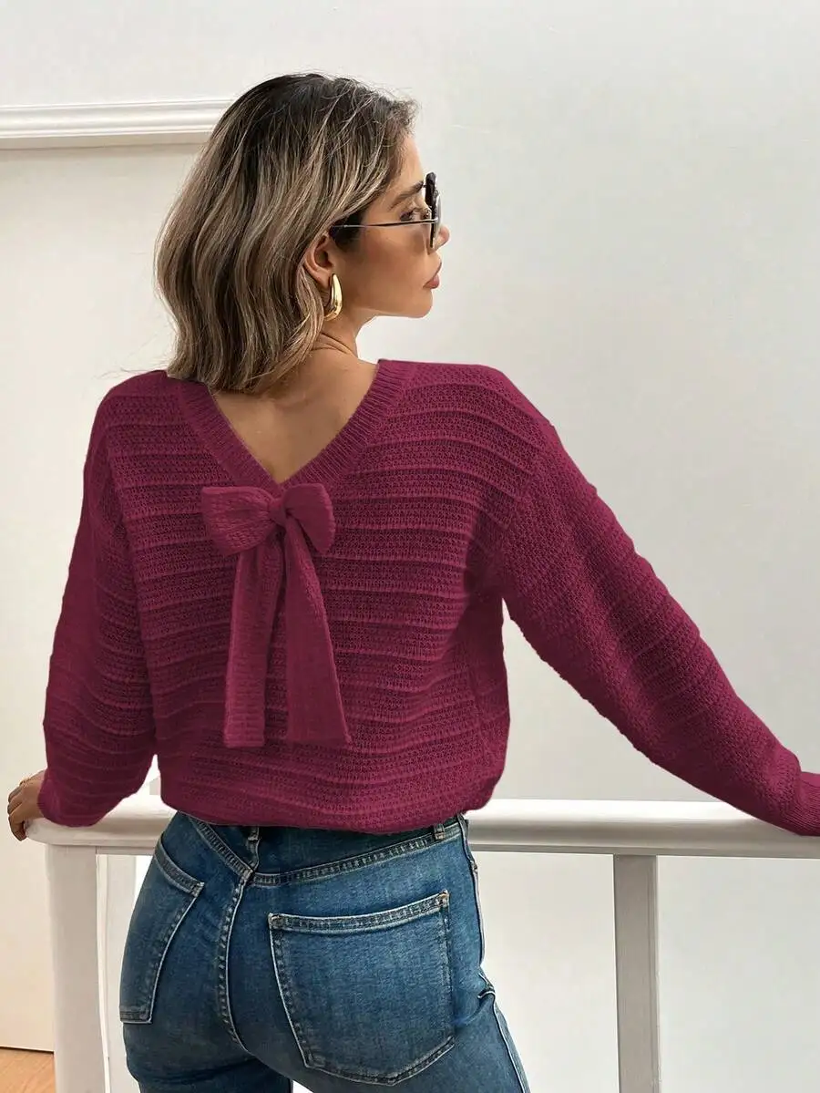 Minimalist Bow Detail V-Neck Long Sleeve Knit Sweater For Autumn Winter
Minimalist Bow Detail V-Neck Long Sleeve Knit Sweater For Autumn Winter
