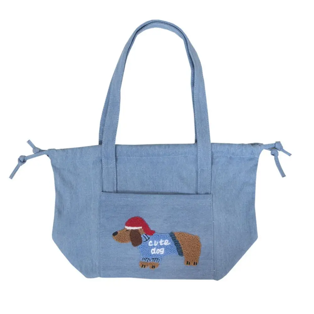 Cartoon Denim Fabric Handbag Dog Embroidery Picnic Pouch Shoulder Bag Draw Rope Japanese Style Ladies Handbag for Office workers
Cartoon Denim Fabric Handbag Dog Embroidery Picnic Pouch Shoulder Bag Draw Rope Japanese Style Ladies Handbag for Office workers