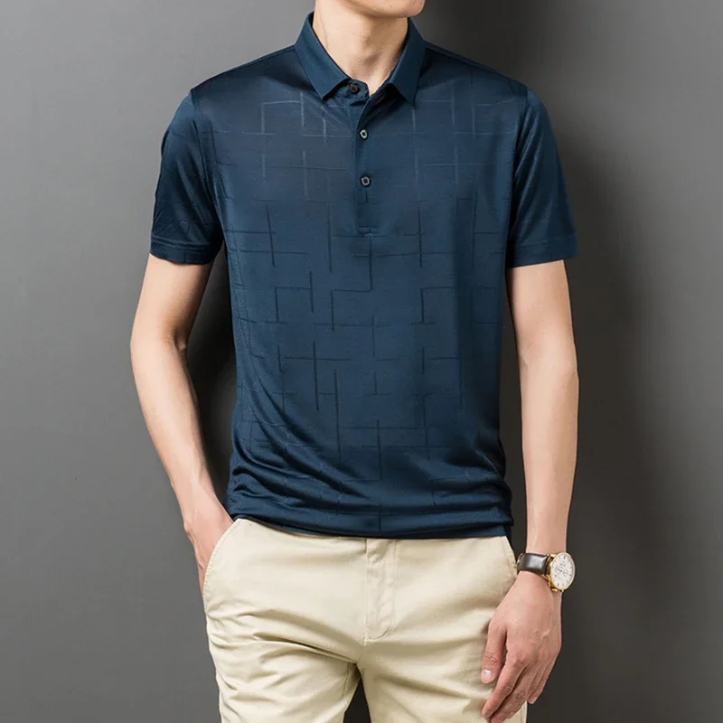 Men's summer mulberry acetate silk blended short-sleeved POLO shirt, light and breathable, no-iron lapel casual T-shirt
Men's summer mulberry acetate silk blended short-sleeved POLO shirt, light and breathable, no-iron lapel casual T-shirt