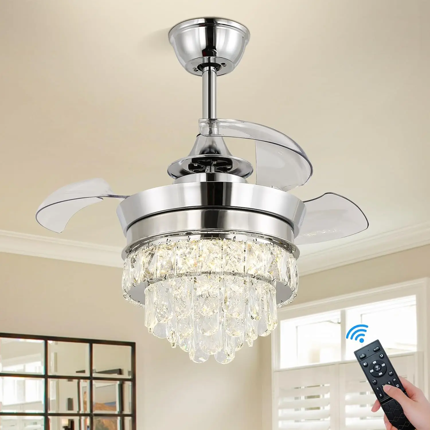 22" LED Crystal Ceiling Fan with Light Bedroom Small Fandeliers Dimmable 6 Speed Timing Chandeleir Fan with Lights for Bedroom Living Room (2202-Chrome)
22" LED Crystal Ceiling Fan with Light Bedroom Small Fandeliers Dimmable 6 Speed Timing Chandeleir Fan with Lights for Bedroom Living Room (2202-Chrome)