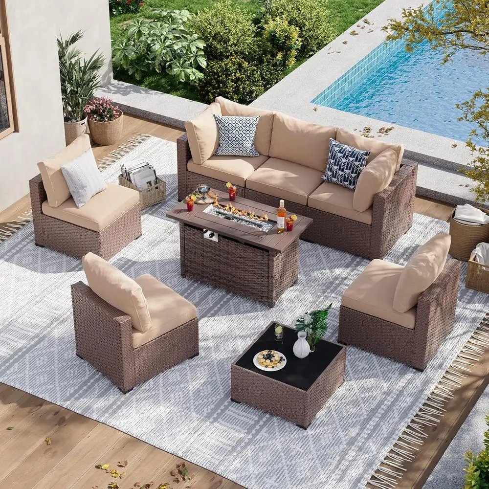 8-Piece Patio Furniture Set with 44 Fire Pit Table, Wicker Rattan Sectional Sofa, Thick Cushioned Outdoor Set in Brown
8-Piece Patio Furniture Set with 44 Fire Pit Table, Wicker Rattan Sectional Sofa, Thick Cushioned Outdoor Set in Brown