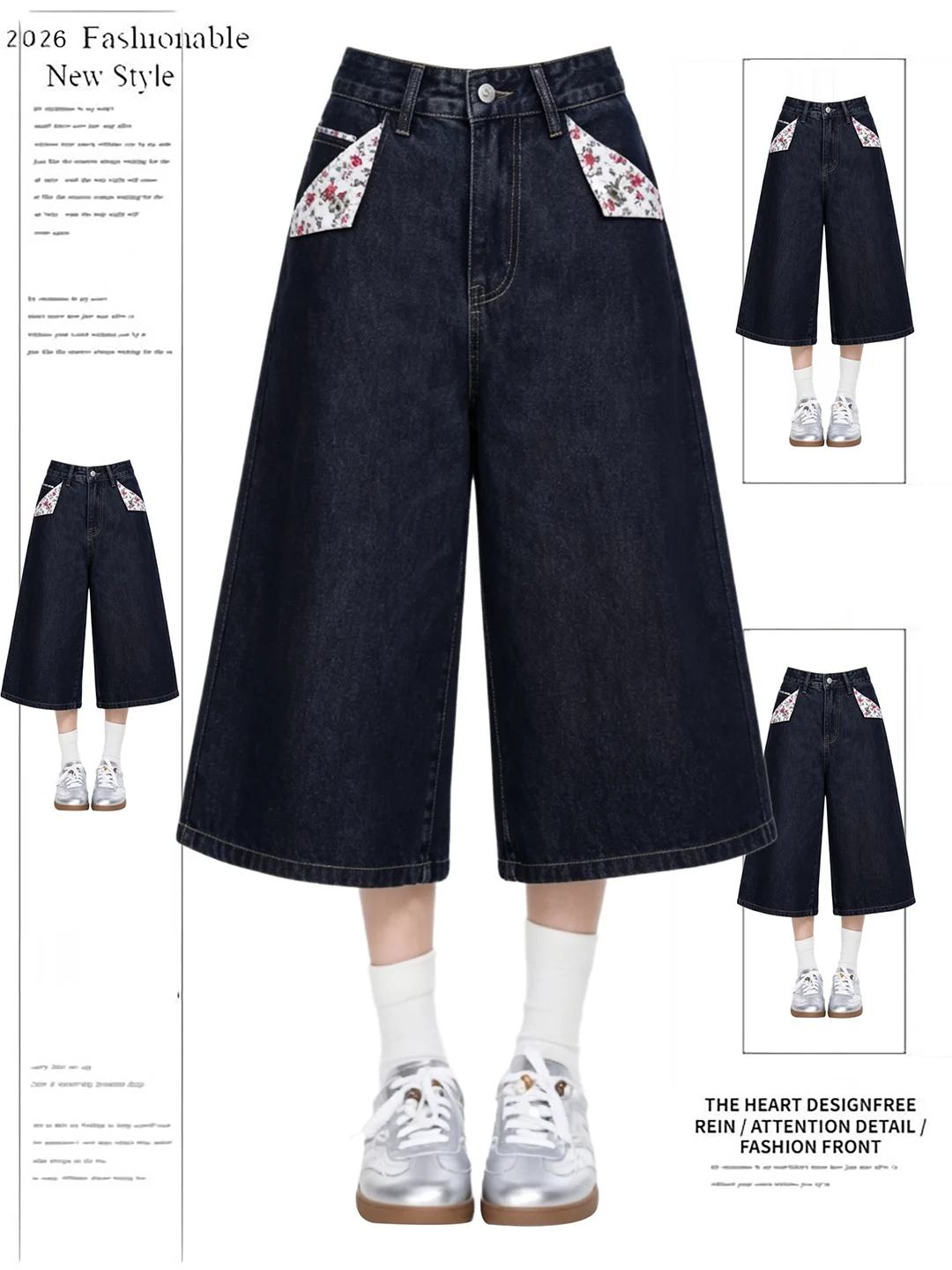 Retro American Floral Patchwork Design Faded Denim Wide Leg Straight Cut Casual Shorts for Women High Waist Comfortable Fit
Retro American Floral Patchwork Design Faded Denim Wide Leg Straight Cut Casual Shorts for Women High Waist Comfortable Fit