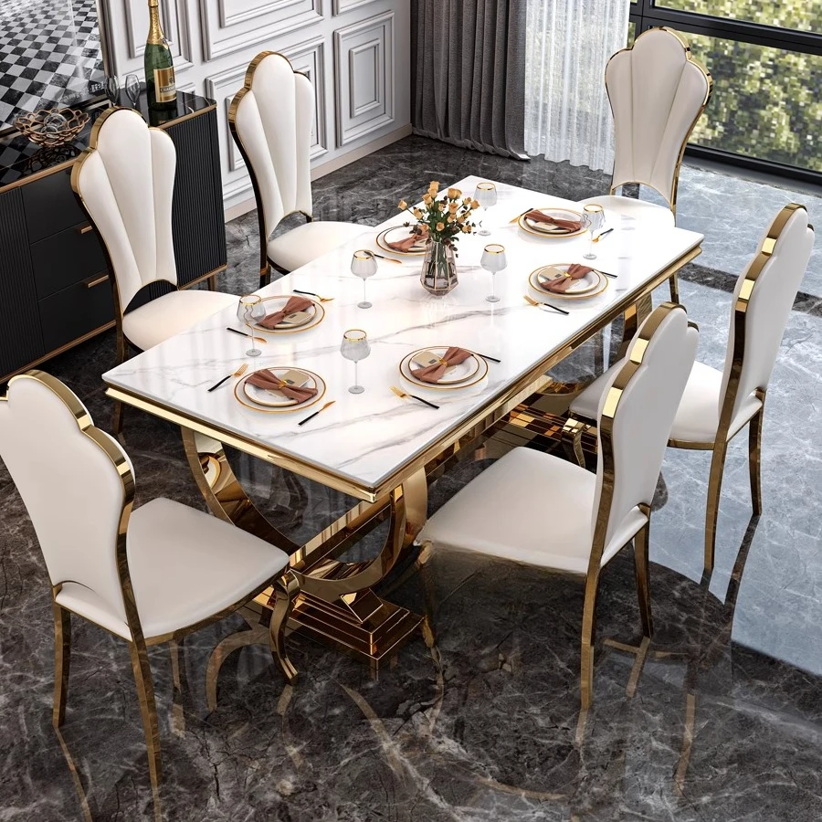 Light luxury bright rock slab dining table Modern simple stainless steel high-end dining table and chairs
Light luxury bright rock slab dining table Modern simple stainless steel high-end dining table and chairs