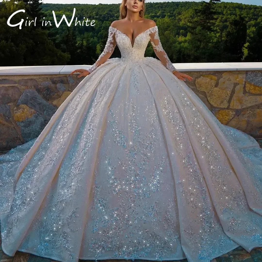 Customized Ball Gowns Beaded Appliques Sequins Off Shoulder Wedding Dress Long Sleeve Backless Pleat Sweep Train Bridal Dresses
Customized Ball Gowns Beaded Appliques Sequins Off Shoulder Wedding Dress Long Sleeve Backless Pleat Sweep Train Bridal Dresses