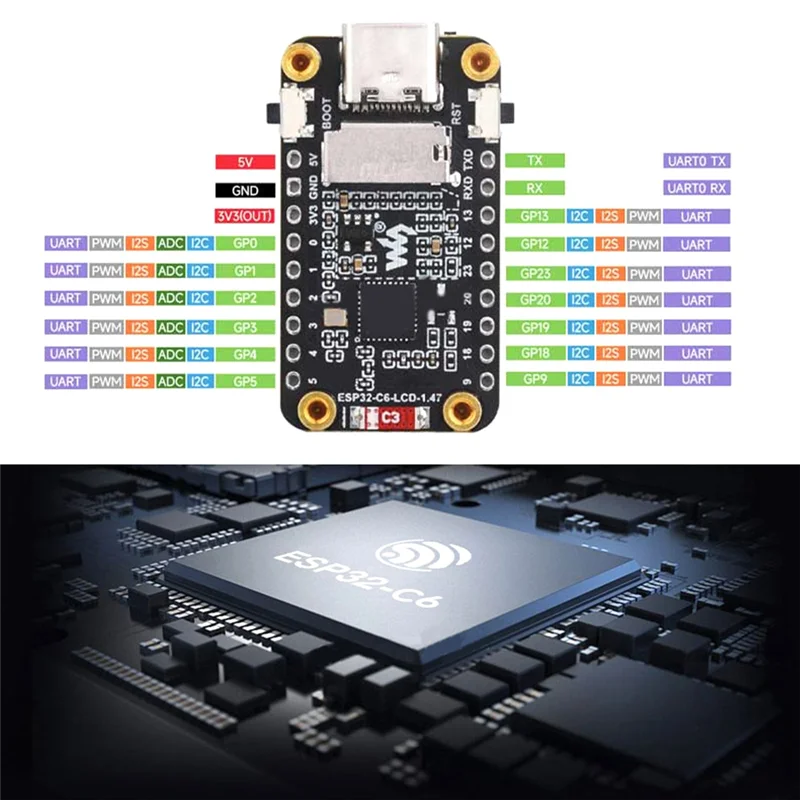 Superb ESP32-C6 Development Board With ST7789 1.47 Inch LCD Wifi6 LVGL HMI SD-Port & RGB-LED
Superb ESP32-C6 Development Board With ST7789 1.47 Inch LCD Wifi6 LVGL HMI SD-Port & RGB-LED