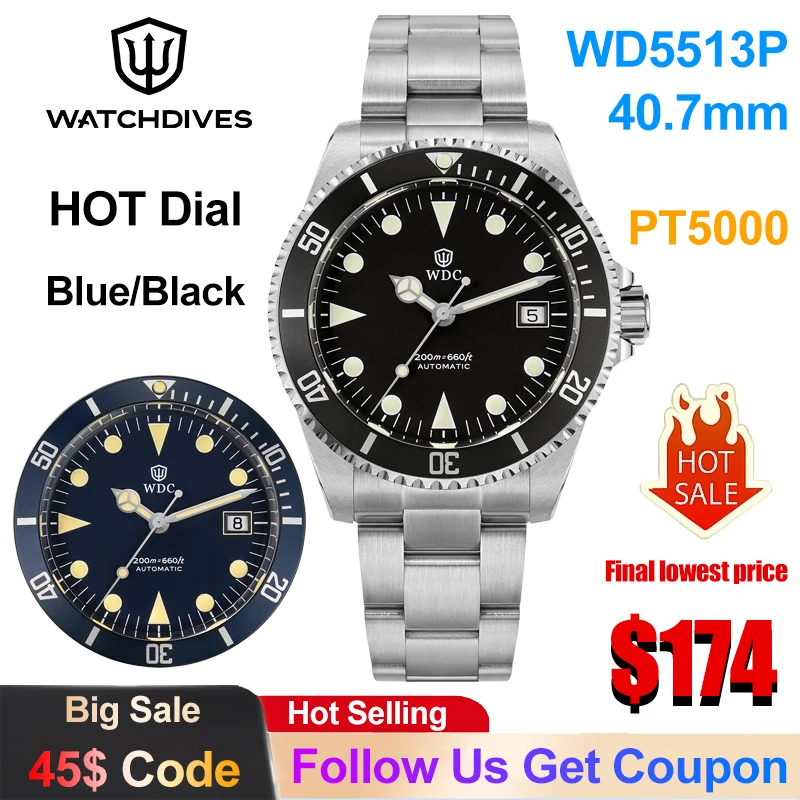 Watchdives WD5513P V3 Mechanical Watch PT5000 Automatic Movement 28800 vph High Beat Luxury Watch Sapphire BGW9 Luminous Watch
Watchdives WD5513P V3 Mechanical Watch PT5000 Automatic Movement 28800 vph High Beat Luxury Watch Sapphire BGW9 Luminous Watch