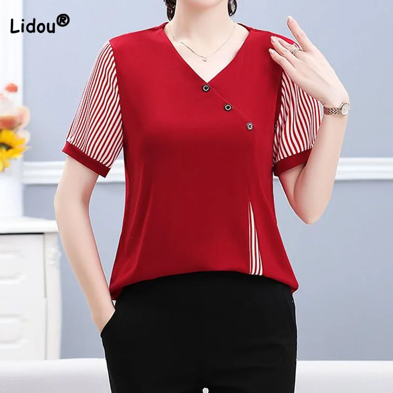 Casual Fashion Button Spliced T-shirt Women's Clothing 2023 Summer Commute Loose V-Neck Striped Solid Color Tops for Female
Casual Fashion Button Spliced T-shirt Women's Clothing 2023 Summer Commute Loose V-Neck Striped Solid Color Tops for Female