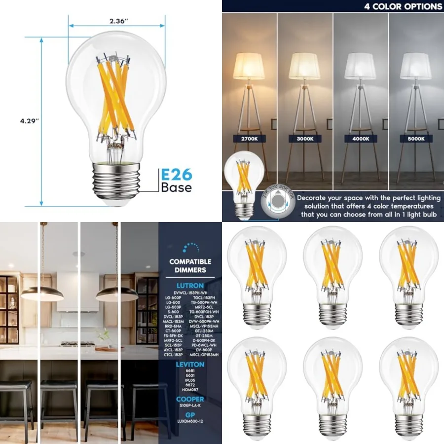Vintage A19 LED Light Bulbs, 75W Equivalent, 4CCT Selectable 2700K/3000K/4000K/5000K,1050 Lumens, CRI 90, Dimmable, 9.5W Standa
Vintage A19 LED Light Bulbs, 75W Equivalent, 4CCT Selectable 2700K/3000K/4000K/5000K,1050 Lumens, CRI 90, Dimmable, 9.5W Standa