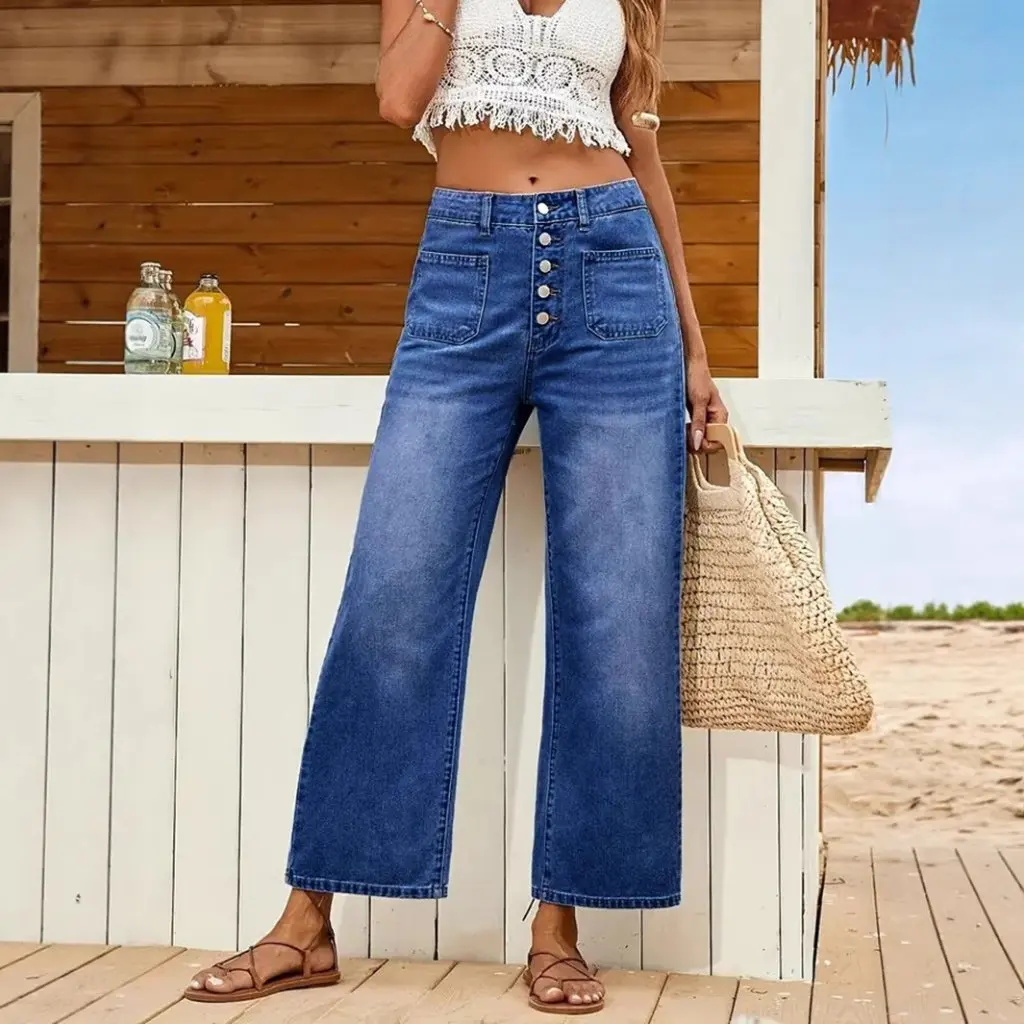 Women's Loose Fit Denim Jeans Button Detail Elastic Waist Nine-Point Pants Casual High Waist Trousers
Women's Loose Fit Denim Jeans Button Detail Elastic Waist Nine-Point Pants Casual High Waist Trousers