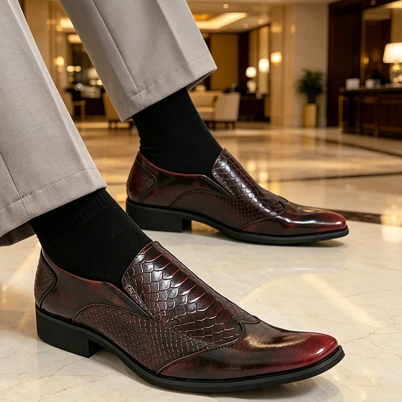Vintage Croc Embossed Leather Loafers Men Slip Pointed Toe Burgundy Formal Shoes Wedding Business Party Daily Non Slip Dress
Vintage Croc Embossed Leather Loafers Men Slip Pointed Toe Burgundy Formal Shoes Wedding Business Party Daily Non Slip Dress