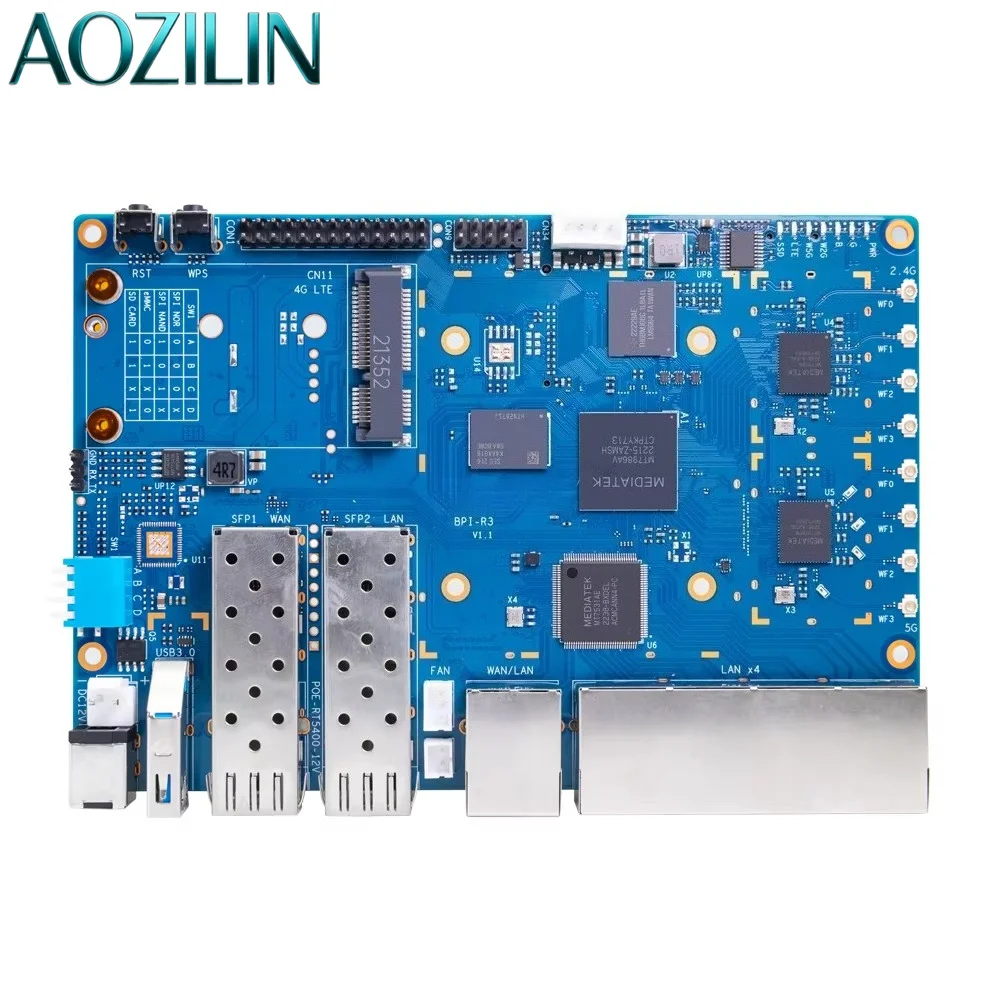 AOZILIN Filogic 830 OpenWrt Router Board MT7986 Quad-core A53 2GB DDR4 8GB eMMC 5G Ethernet 2.5G SFP Networking Board
AOZILIN Filogic 830 OpenWrt Router Board MT7986 Quad-core A53 2GB DDR4 8GB eMMC 5G Ethernet 2.5G SFP Networking Board