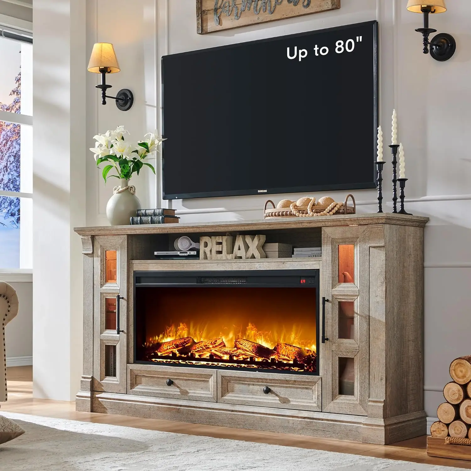Fireplace TV Stand for up-to-80 TV, Farmhouse 36" Tall Entertainment Center with 42" Electric Fireplace, Media Console
Fireplace TV Stand for up-to-80 TV, Farmhouse 36" Tall Entertainment Center with 42" Electric Fireplace, Media Console