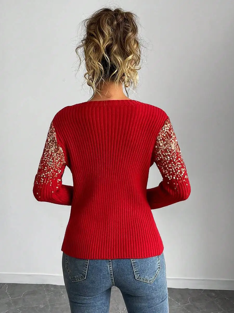 Womens Sequined Sleeve Crew Neck Ribbed Knit Sweater For Holiday Party
Womens Sequined Sleeve Crew Neck Ribbed Knit Sweater For Holiday Party