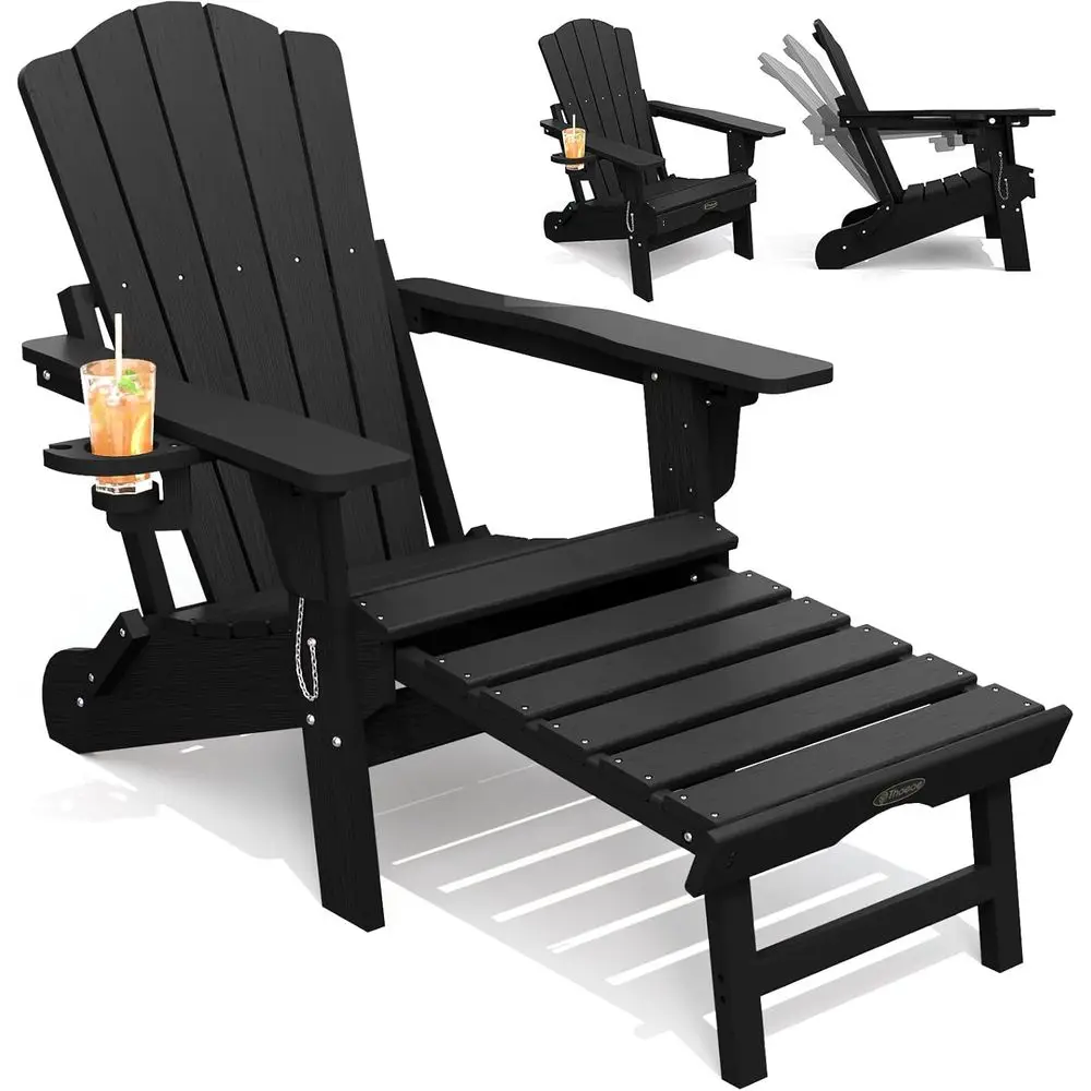 Adjustable Outdoor Adirondack Chair with Retractable Ottoman and Cup Holder, Weather-Resistant Patio Furniture Set in Black
Adjustable Outdoor Adirondack Chair with Retractable Ottoman and Cup Holder, Weather-Resistant Patio Furniture Set in Black