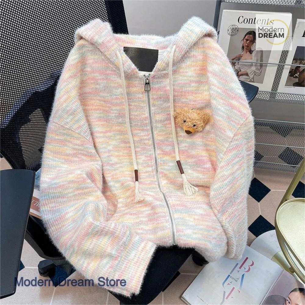 Korean style color striped soft waxy cardigan sweater women's autumn and winter new hooded Joker loose lazy sweater thick
Korean style color striped soft waxy cardigan sweater women's autumn and winter new hooded Joker loose lazy sweater thick