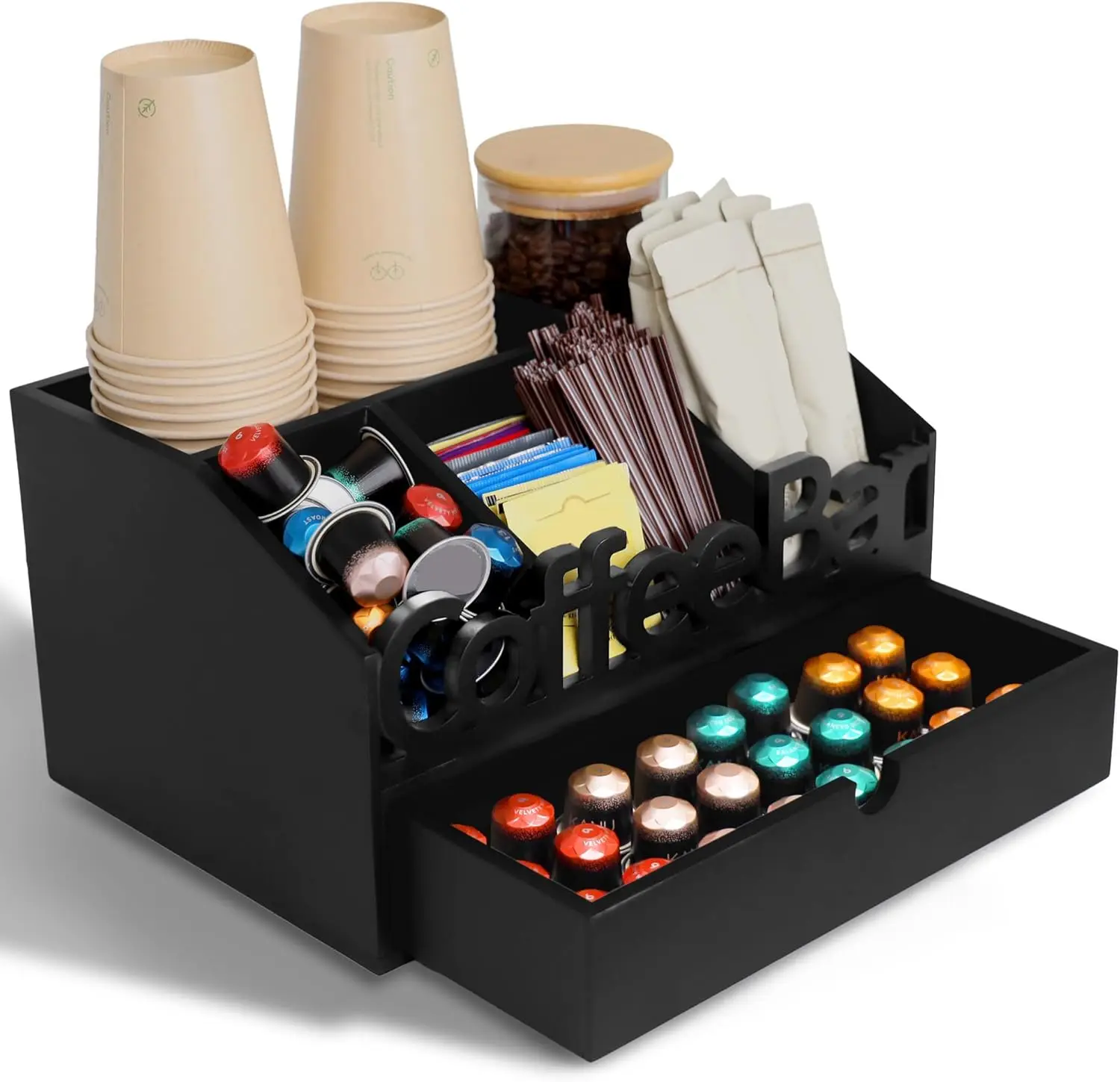 Wooden Coffee Bar Organizer with Drawer for Countertop, K Cup Stand & Tea Box
Wooden Coffee Bar Organizer with Drawer for Countertop, K Cup Stand & Tea Box
