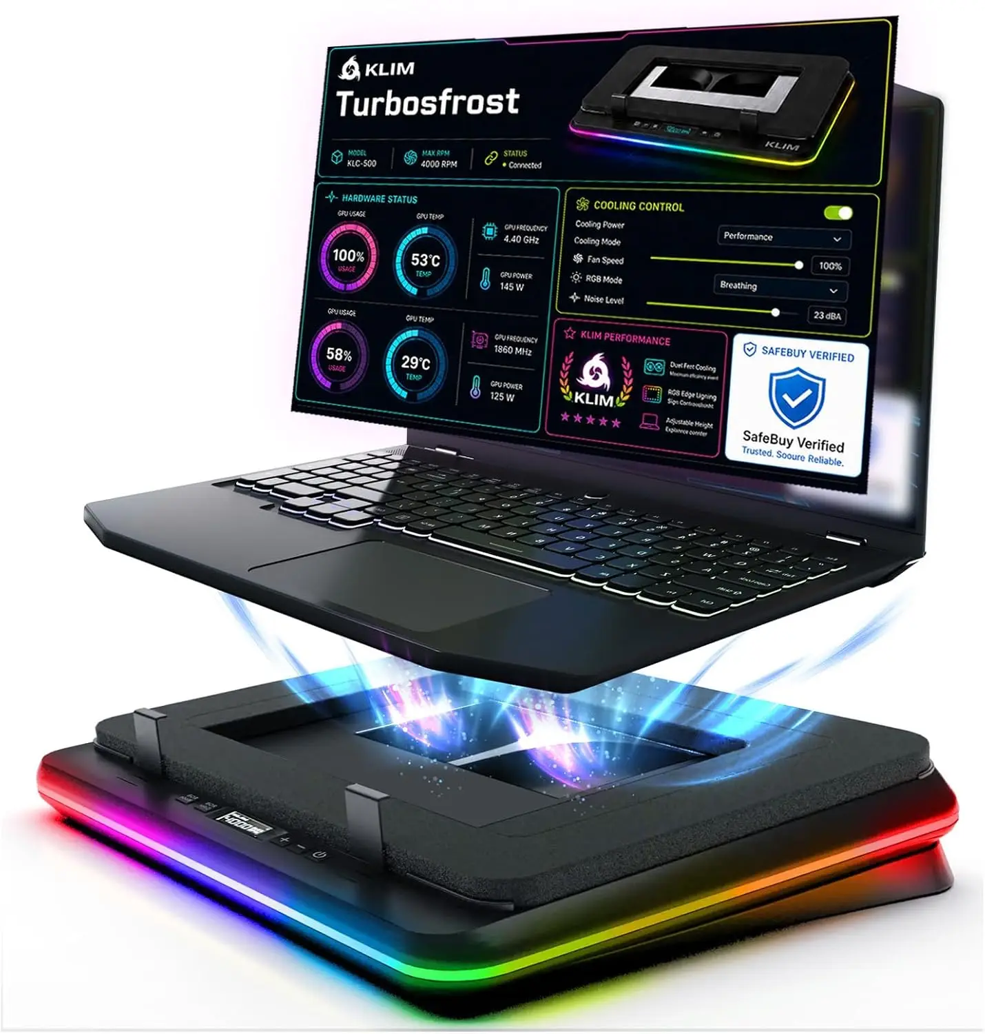 4 Turbo Fans Gaming Laptop Cooling Pad - 4000 RPM, RGB, USB-C/DC, Sealed Foam, Up to 17in
4 Turbo Fans Gaming Laptop Cooling Pad - 4000 RPM, RGB, USB-C/DC, Sealed Foam, Up to 17in
