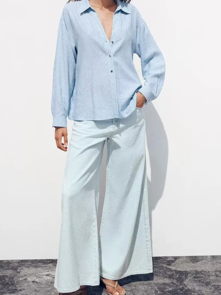 European and American style spring new fashion casual women's clothing linen blended striped long-sleeved lapel short shirt
European and American style spring new fashion casual women's clothing linen blended striped long-sleeved lapel short shirt
