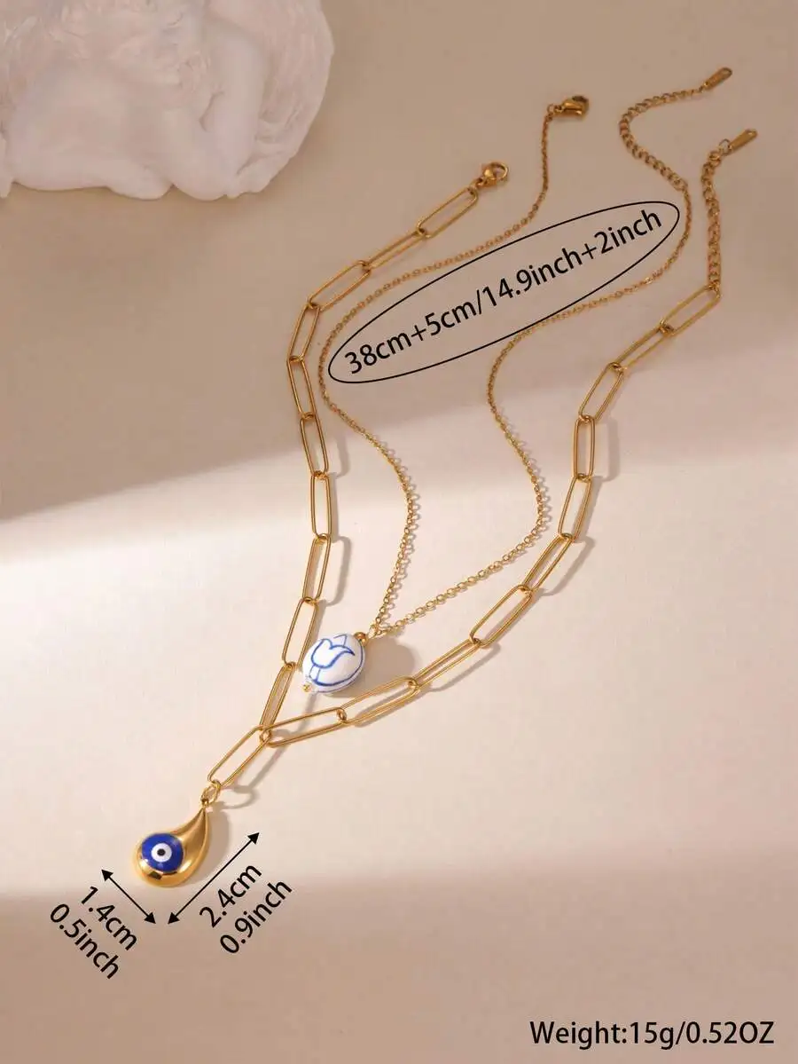 Layered Chain Necklaces With Blue Ceramic Evil Eye Pendant Fashion Vintage Style For Women
Layered Chain Necklaces With Blue Ceramic Evil Eye Pendant Fashion Vintage Style For Women