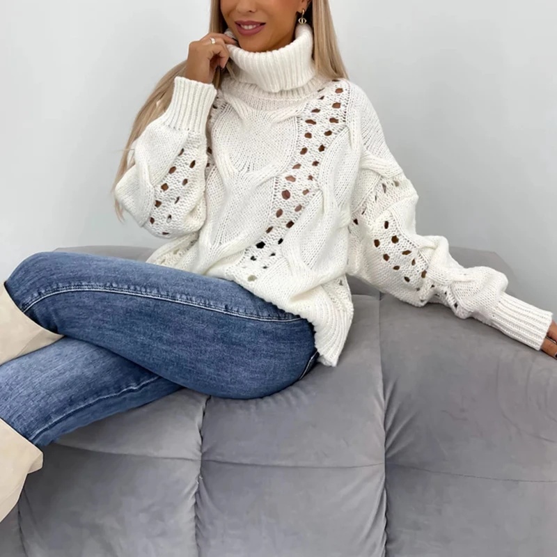 Elegant Office Lady Jacquard Solid Sweater Casual Hollow Turtleneck Knitted Pullover 2023 Fall Winter Loose Long Sleeved Sweater
Elegant Office Lady Jacquard Solid Sweater Casual Hollow Turtleneck Knitted Pullover 2023 Fall Winter Loose Long Sleeved Sweater