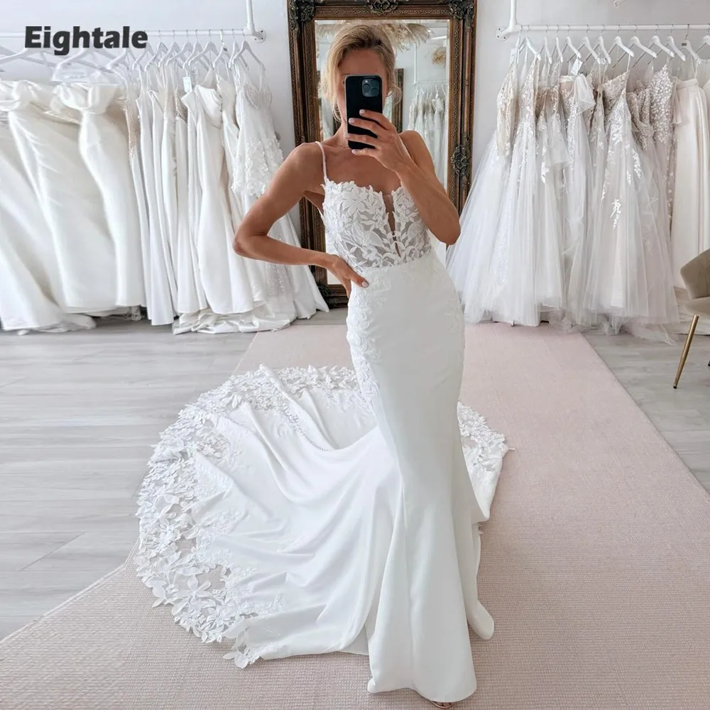 Eightale Boho Wedding Dress Lace Customized White Ivory Mermaid Spaghetti Strap Backless Satin Bridal Gown Robe De Mariée
Eightale Boho Wedding Dress Lace Customized White Ivory Mermaid Spaghetti Strap Backless Satin Bridal Gown Robe De Mariée