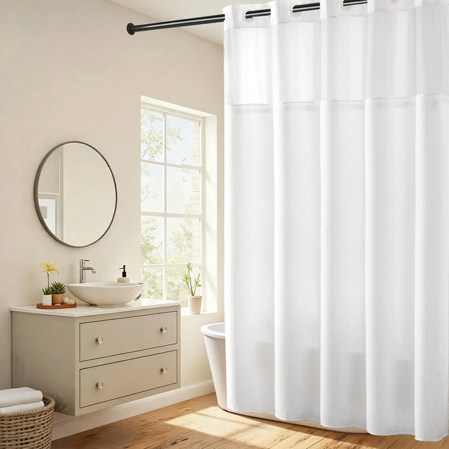 Extra Long Waffle Weave Shower Curtain with Snap-in Liner, 71W x 86H, Hotel Grade Spa-Like White Bath Curtain
Extra Long Waffle Weave Shower Curtain with Snap-in Liner, 71W x 86H, Hotel Grade Spa-Like White Bath Curtain