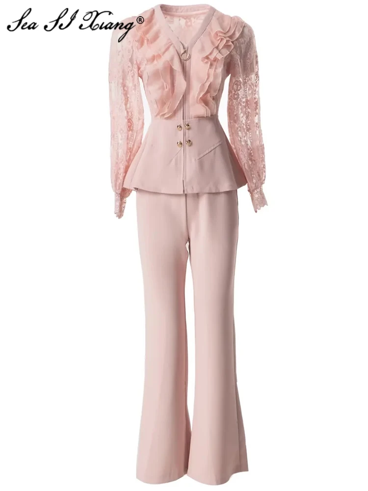 Seasixiang Fashion Designer Spring Suit Women Ruffle Lantern Sleeve Lace Patchwork Tops + Pockets Flare Pants Two Pieces Set
Seasixiang Fashion Designer Spring Suit Women Ruffle Lantern Sleeve Lace Patchwork Tops + Pockets Flare Pants Two Pieces Set