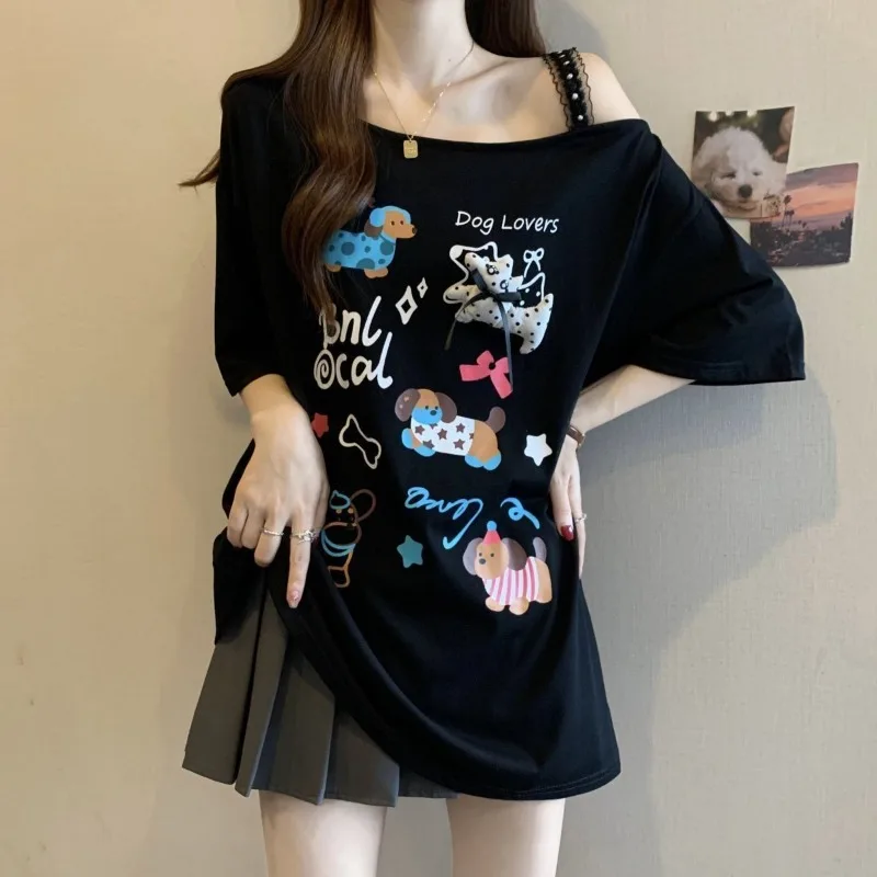 Women's Fashion Cartoon Dog Skew Collar Lace Long T Shirts 2025 Summer New Lady Trendy Black Print Loose Half Sleeve Tops
Women's Fashion Cartoon Dog Skew Collar Lace Long T Shirts 2025 Summer New Lady Trendy Black Print Loose Half Sleeve Tops