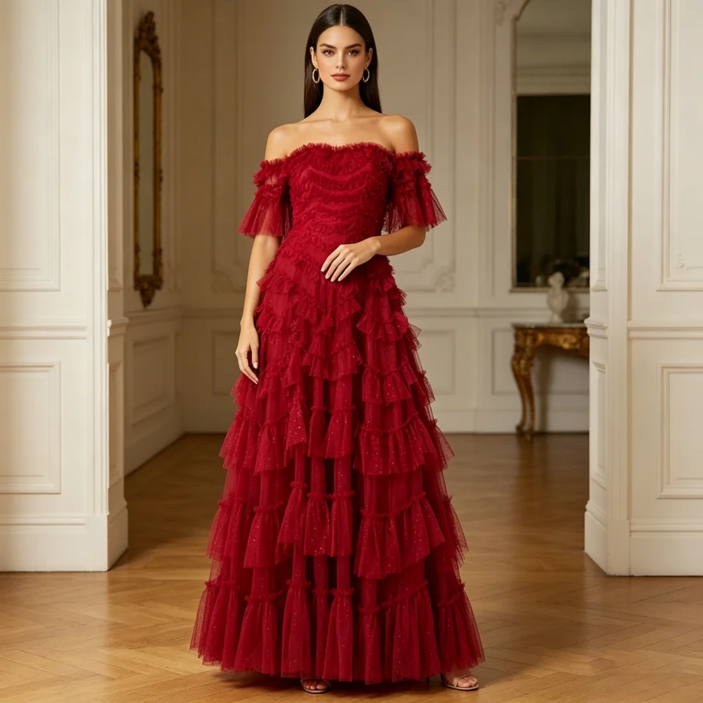 Burgundy Evening Dress Off The Shoulder Tulle Pleat A Line Evening Gown for Women Ankle Length Wedding Party Dress Customized
Burgundy Evening Dress Off The Shoulder Tulle Pleat A Line Evening Gown for Women Ankle Length Wedding Party Dress Customized
