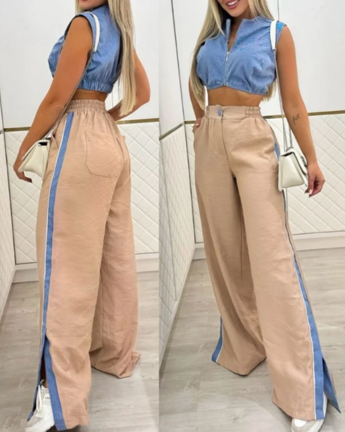 Women's Sets 2 Pieces Outfit Zipper Front Sleeveless Denim Crop Top & Casual Side Striped Print Slit Pants Set for Women Wear
Women's Sets 2 Pieces Outfit Zipper Front Sleeveless Denim Crop Top & Casual Side Striped Print Slit Pants Set for Women Wear