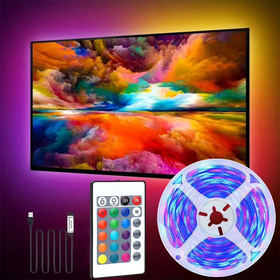 A roll of LED light tape RGB, 24 keys remote control, soft tape TV pc screen 5V, USB backlighting, bedroom holiday party decorat
A roll of LED light tape RGB, 24 keys remote control, soft tape TV pc screen 5V, USB backlighting, bedroom holiday party decorat